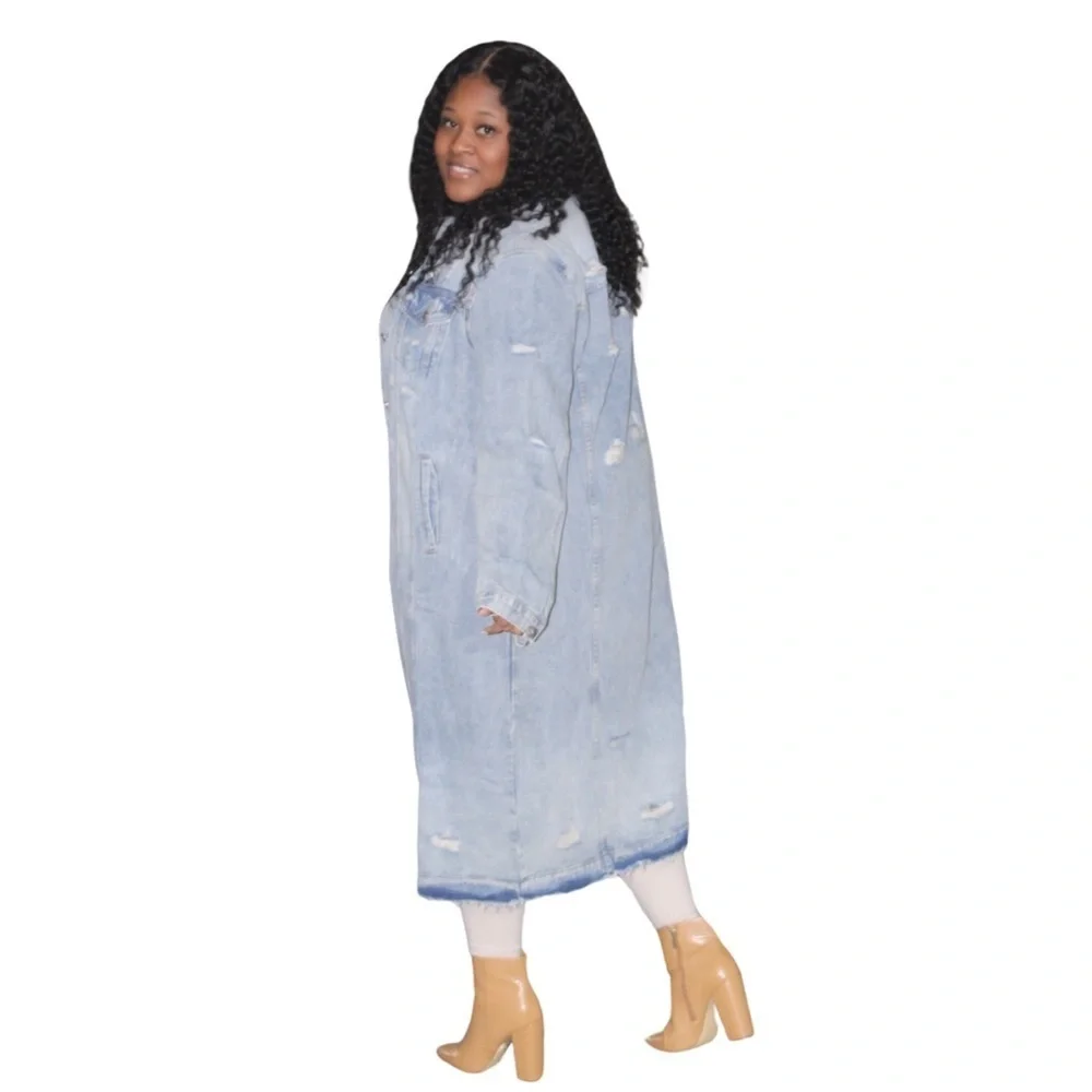Light Blue Distressed Denim Longline Jacket